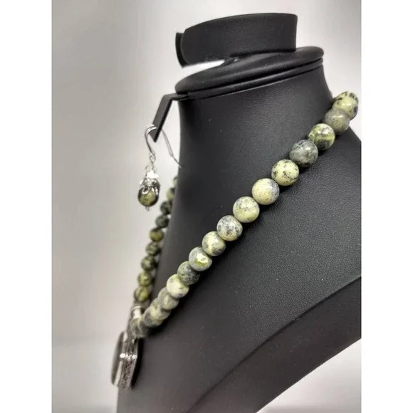 Shades of Green Serpentine Necklace and Earrings Focal Sterling Silver Pendant